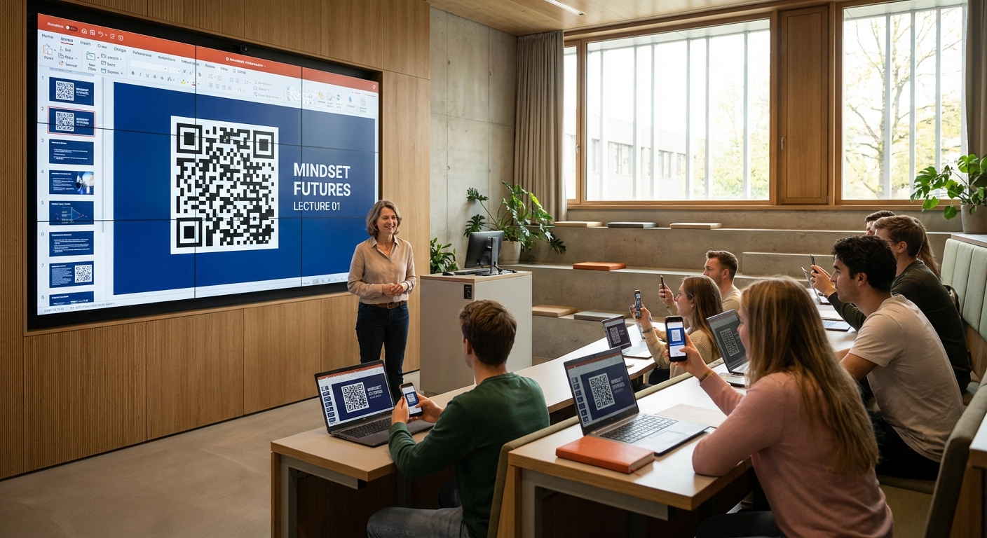 Professor presenting with ScreenDrop in a university classroom, students viewing the shared screen on their phones and laptops