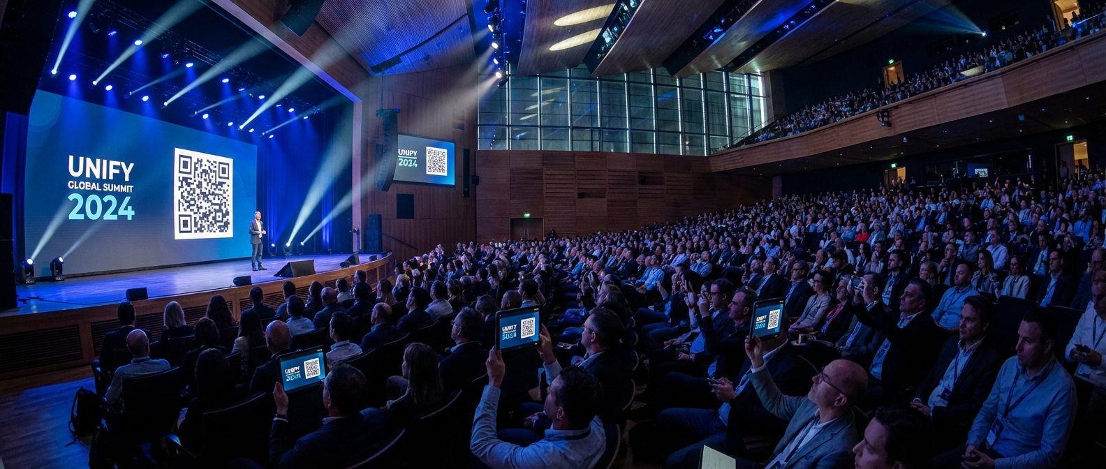 Keynote speaker at a large conference with audience members viewing the presentation on their phones and tablets via ScreenDrop